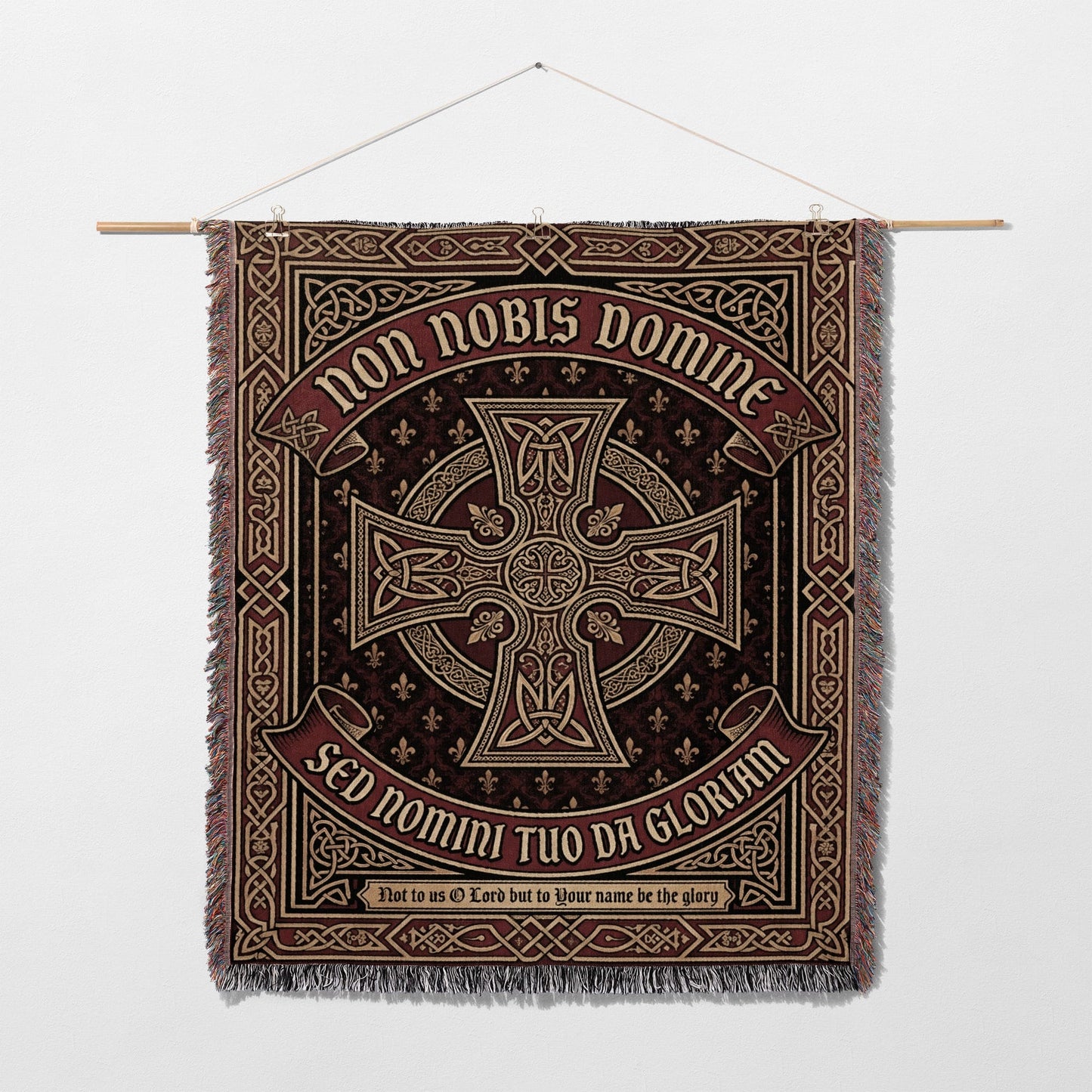 Tapestry with a Celtic cross and Latin phrase "Non Nobis Domine Sed Nomini Tuo Da Gloriam".