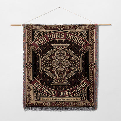 Tapestry with a Celtic cross and Latin phrase "Non Nobis Domine Sed Nomini Tuo Da Gloriam".