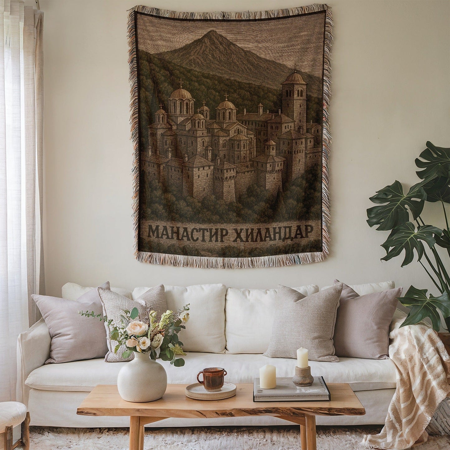 Scenic Mountain Tapestry with Monastery Design