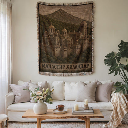 Scenic Mountain Tapestry with Monastery Design