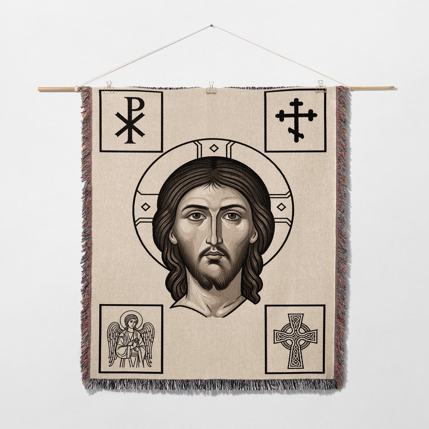 Jesus Christ icon with Chi Rho, crucifix, and Celtic cross symbols.