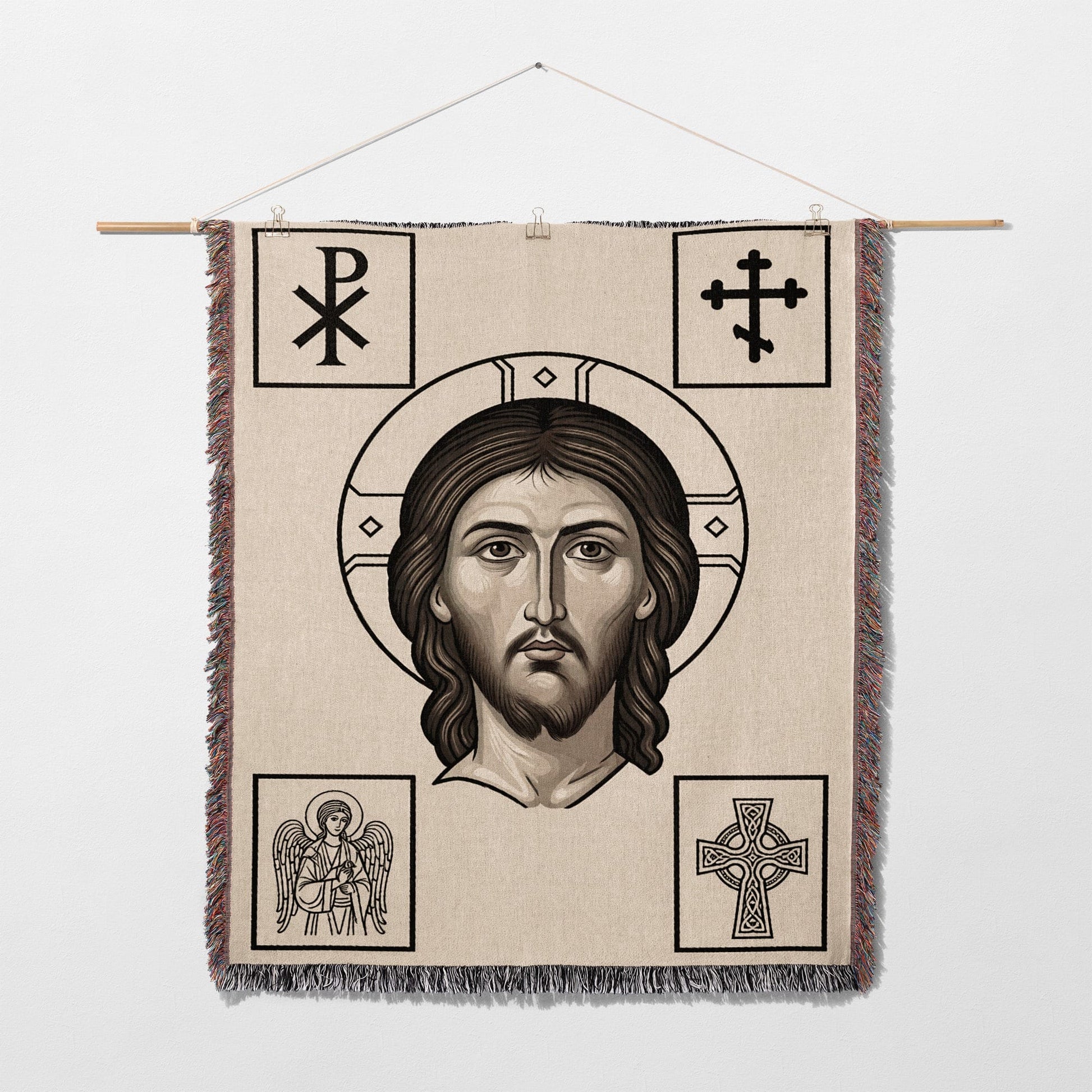 Jesus Christ icon with Chi Rho, crucifix, and Celtic cross symbols.