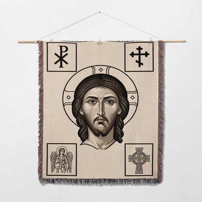Jesus Christ icon with Chi Rho, crucifix, and Celtic cross symbols.