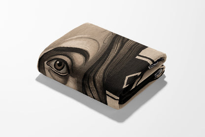 Folded blanket with a close-up of an eye in brown and black woven pattern.