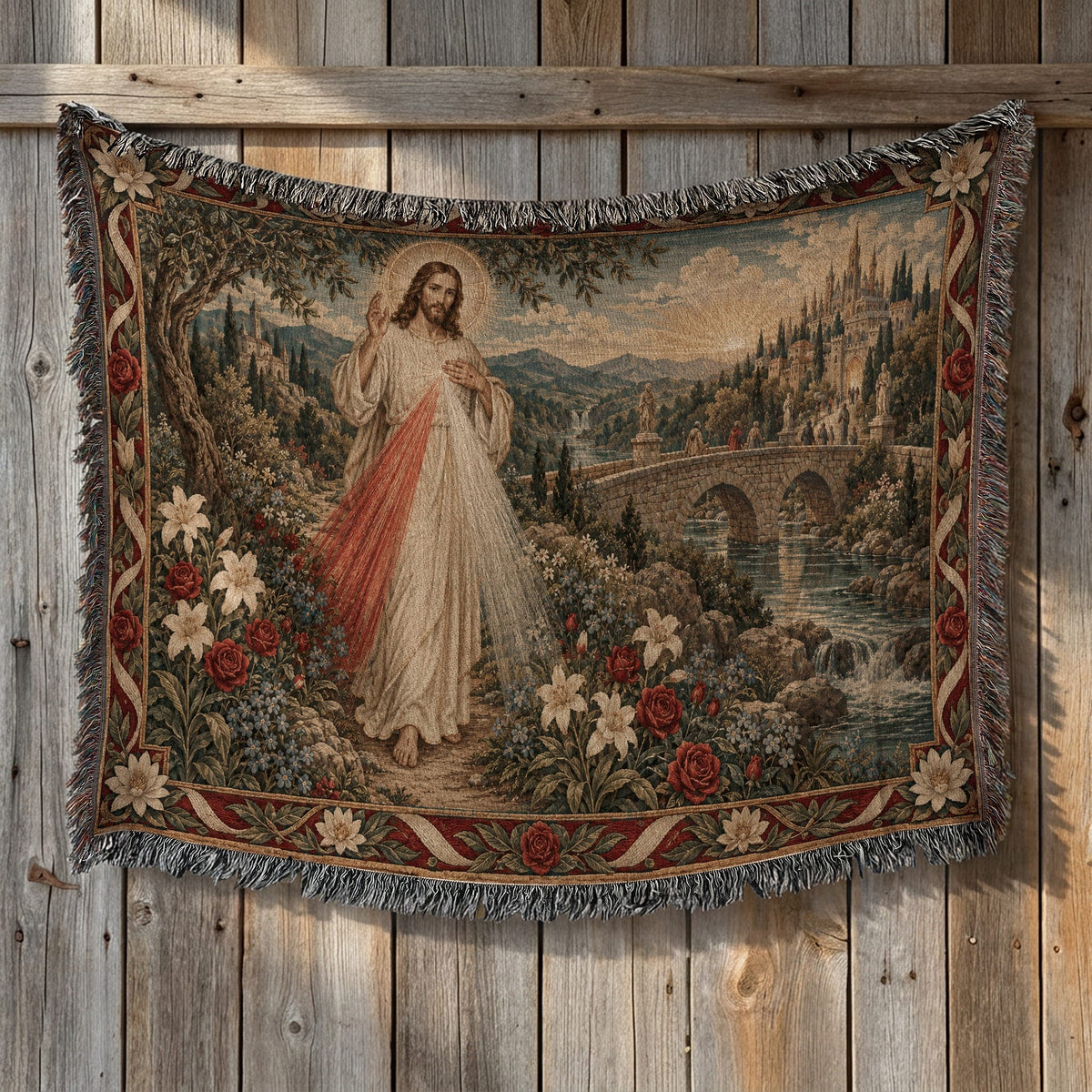 Woven tapestry featuring Jesus with glowing rays, floral borders, and a stone bridge landscape hanging against wooden planks.