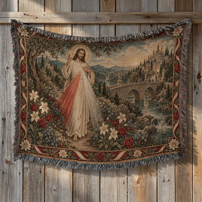 Woven tapestry featuring Jesus with glowing rays, floral borders, and a stone bridge landscape hanging against wooden planks.