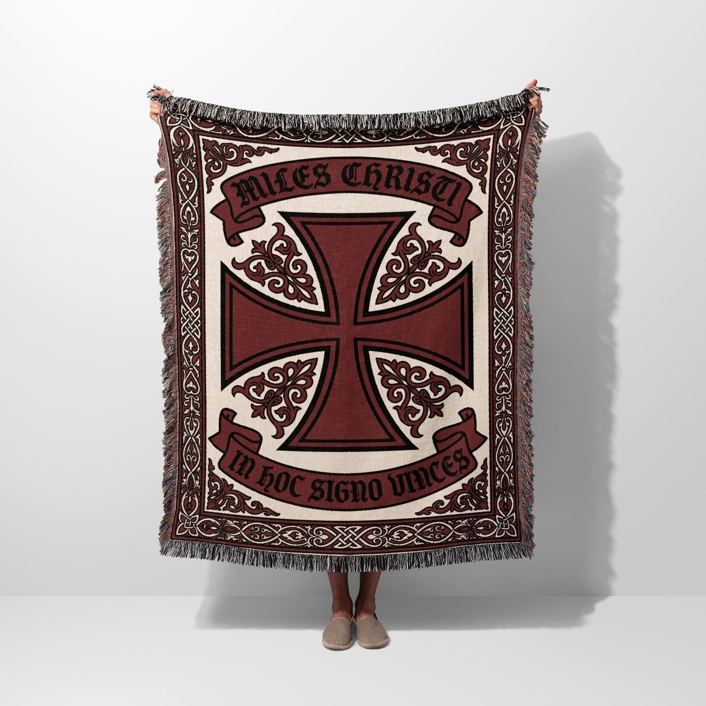 Tapestry blanket with Maltese cross design and text "In Hoc Signo Vinces".