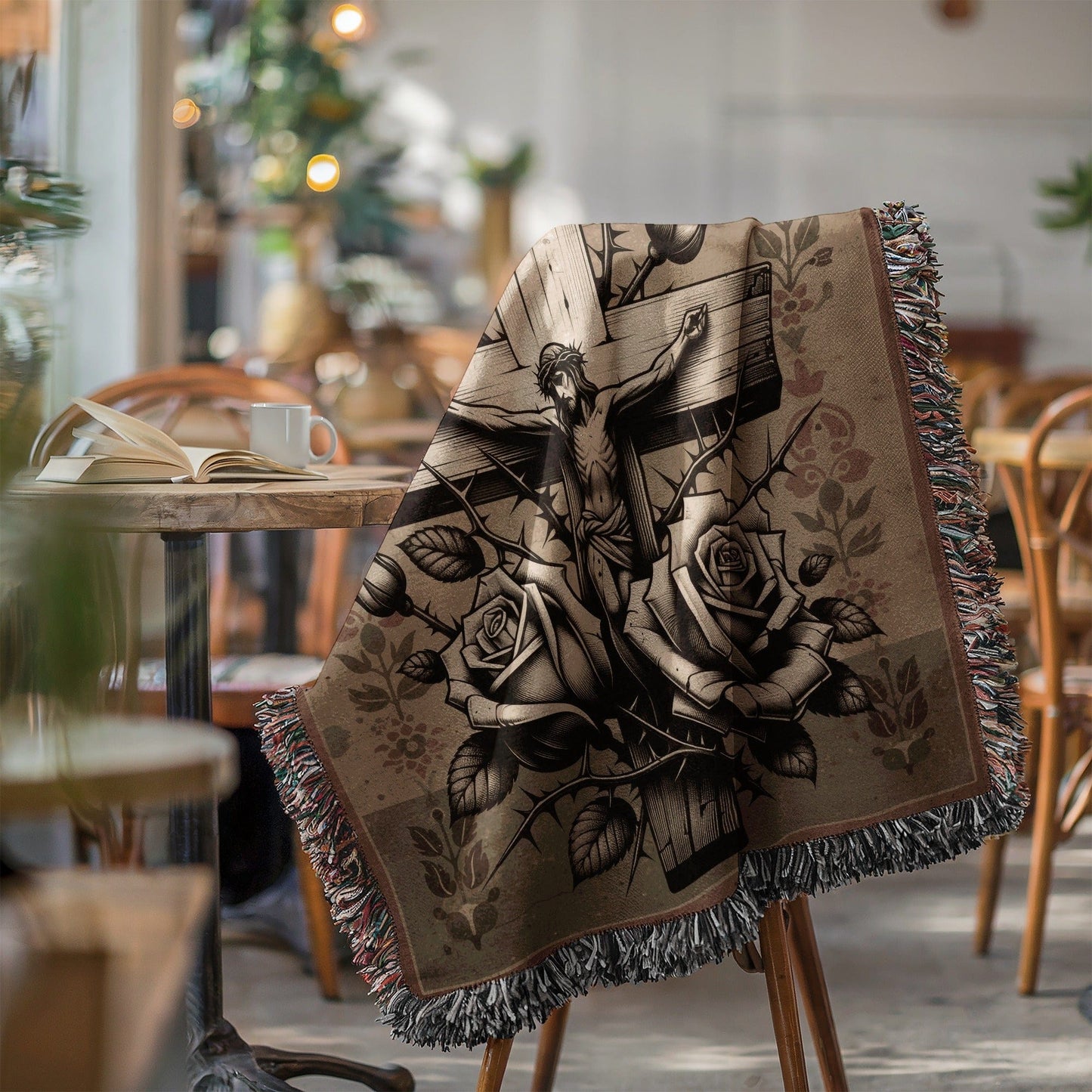 Intricate Jesus and Roses Themed Throw Blanket