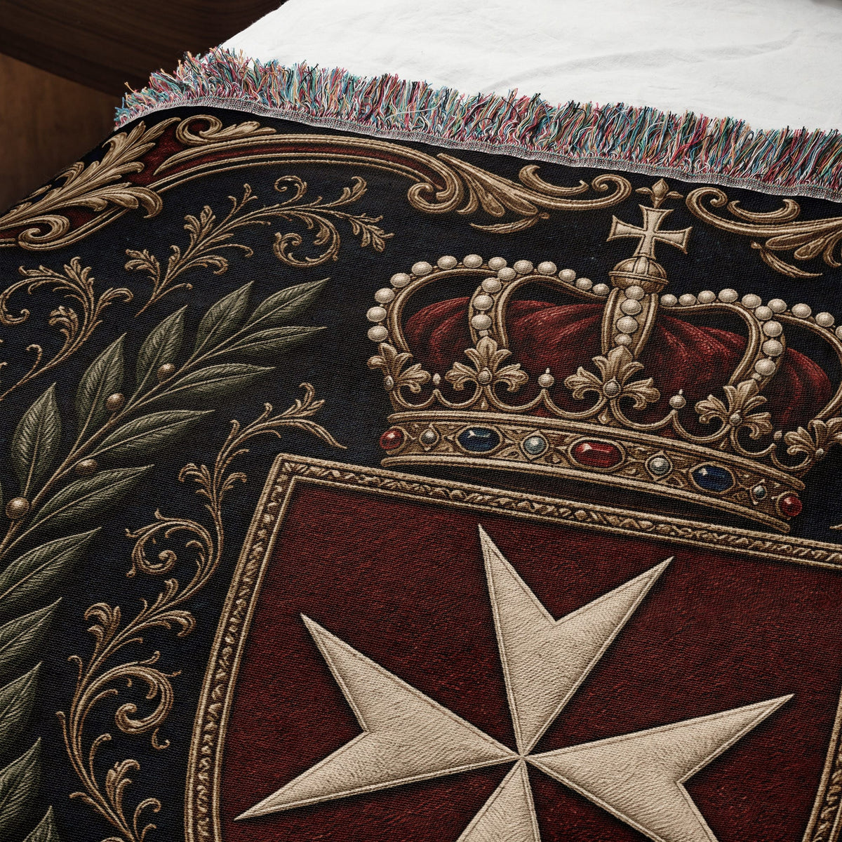 CalmNestStyle Order of Malta Crowned Crest Navy Laurel Woven Blanket jacquard woven blanket