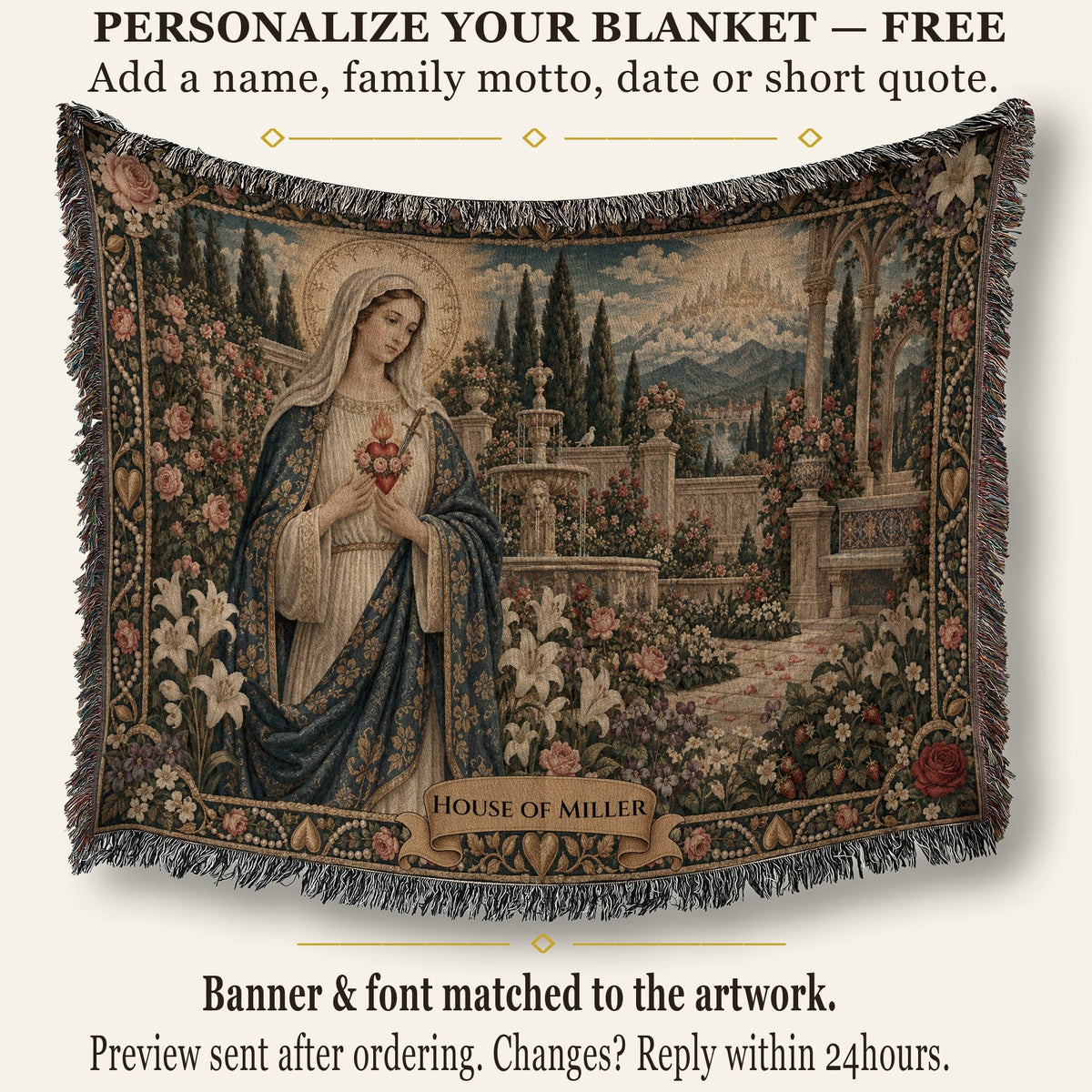 Fringed woven tapestry blanket depicting the Virgin Mary in a garden with a customizable name banner at the bottom.