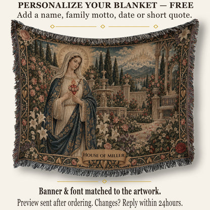 Fringed woven tapestry blanket depicting the Virgin Mary in a garden with a customizable name banner at the bottom.