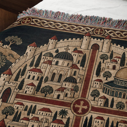 CalmNestStyle Crusader Jerusalem Round Map I Green Hills jacquard woven blanket