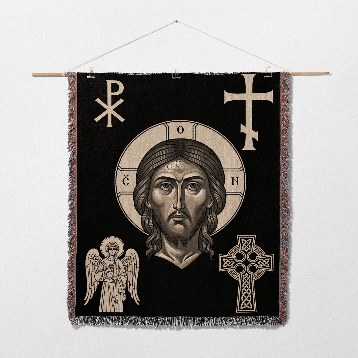 Religious tapestry depicting Jesus, an angel, and Celtic knot cross.