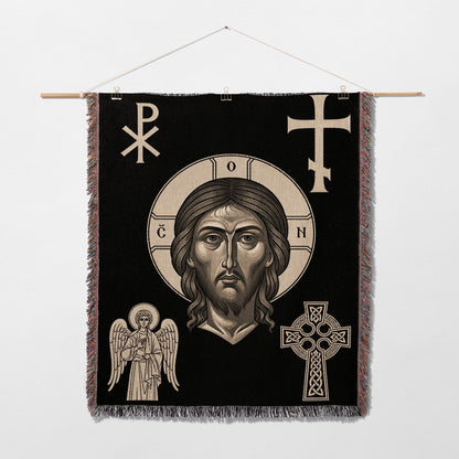 Religious tapestry depicting Jesus, an angel, and Celtic knot cross.