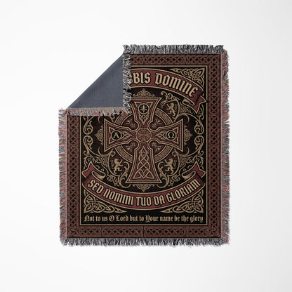Tapestry throw blanket with Celtic cross, ornate borders, and Latin text.