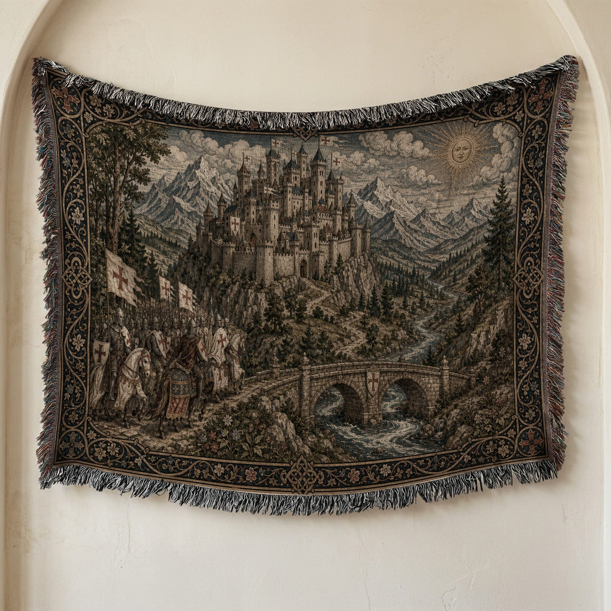 MyDesigns Castle Tapestry Blanket – Medieval Mountain Castle Woven Throw, Templar Banners jacquard woven blanket