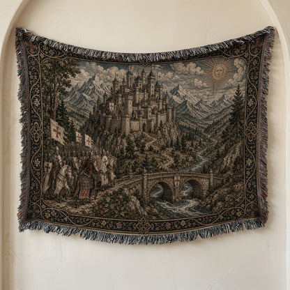 MyDesigns Castle Tapestry Blanket – Medieval Mountain Castle Woven Throw, Templar Banners jacquard woven blanket