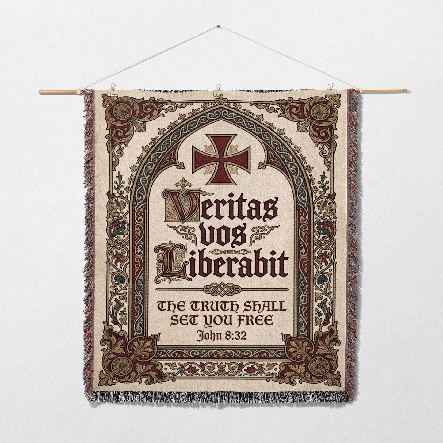 Tapestry with "Veritas Vos Liberabit" and John 8:32.