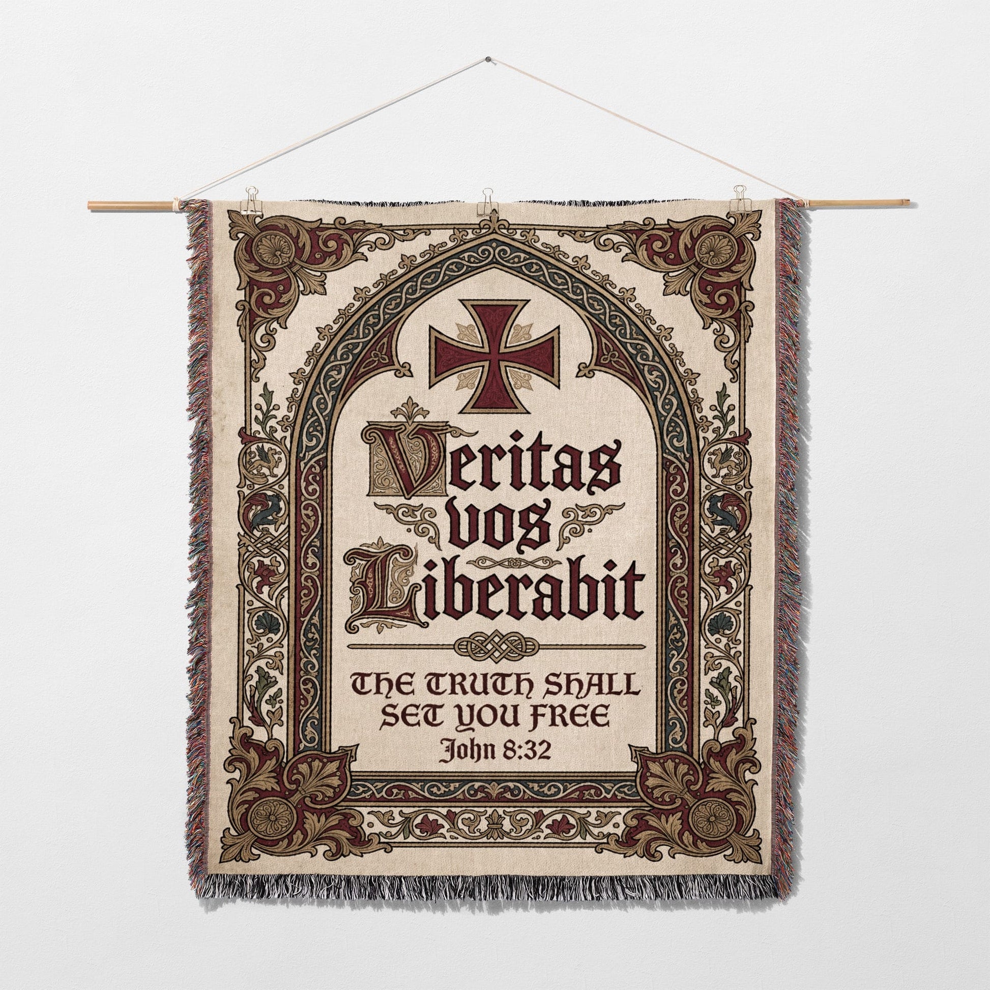 Tapestry with "Veritas Vos Liberabit" and John 8:32.