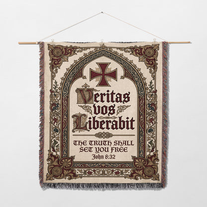 Tapestry with "Veritas Vos Liberabit" and John 8:32.