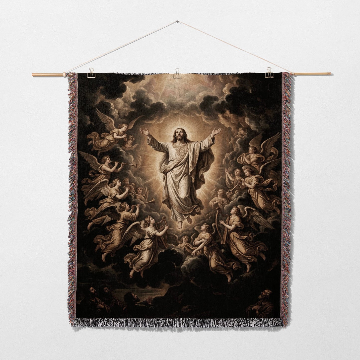Jesus ascends to heaven surrounded by angels, bathed in light.