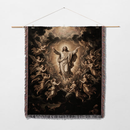 Jesus ascends to heaven surrounded by angels, bathed in light.