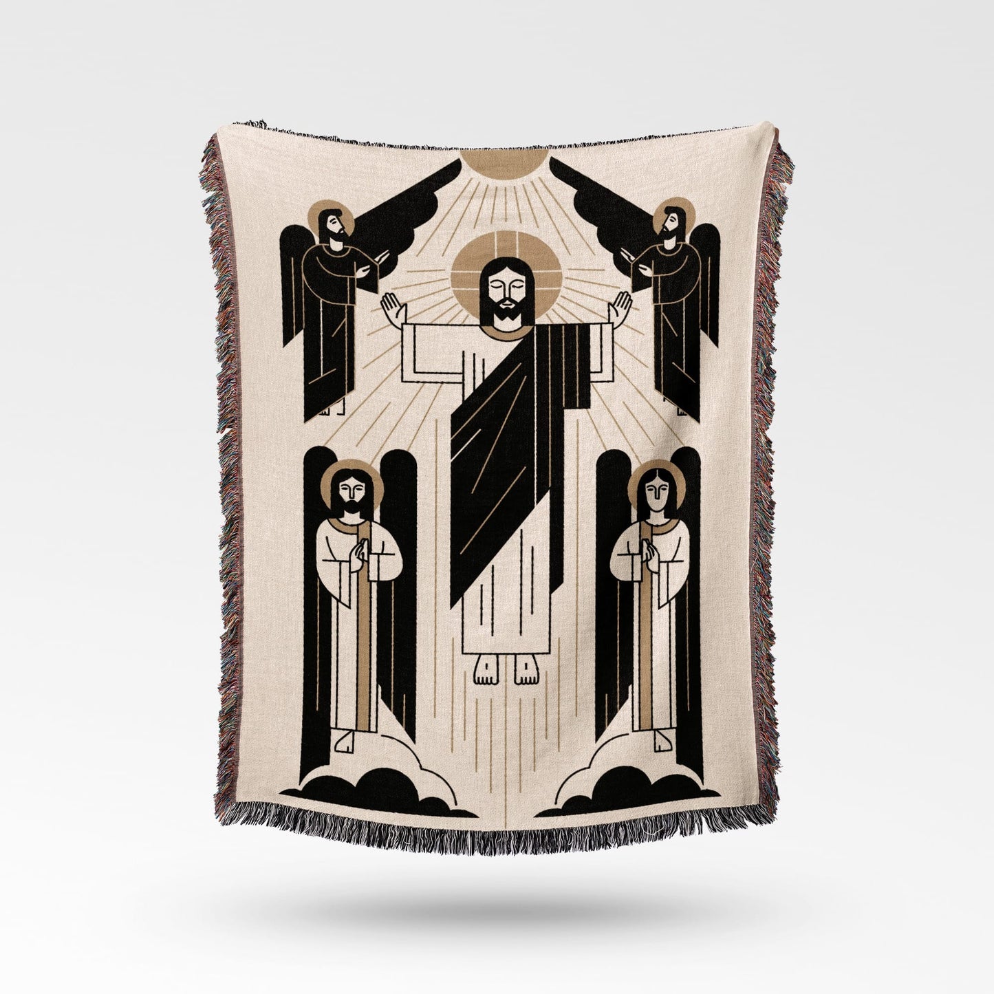 Jesus with outstretched arms flanked by angels, against a neutral background.