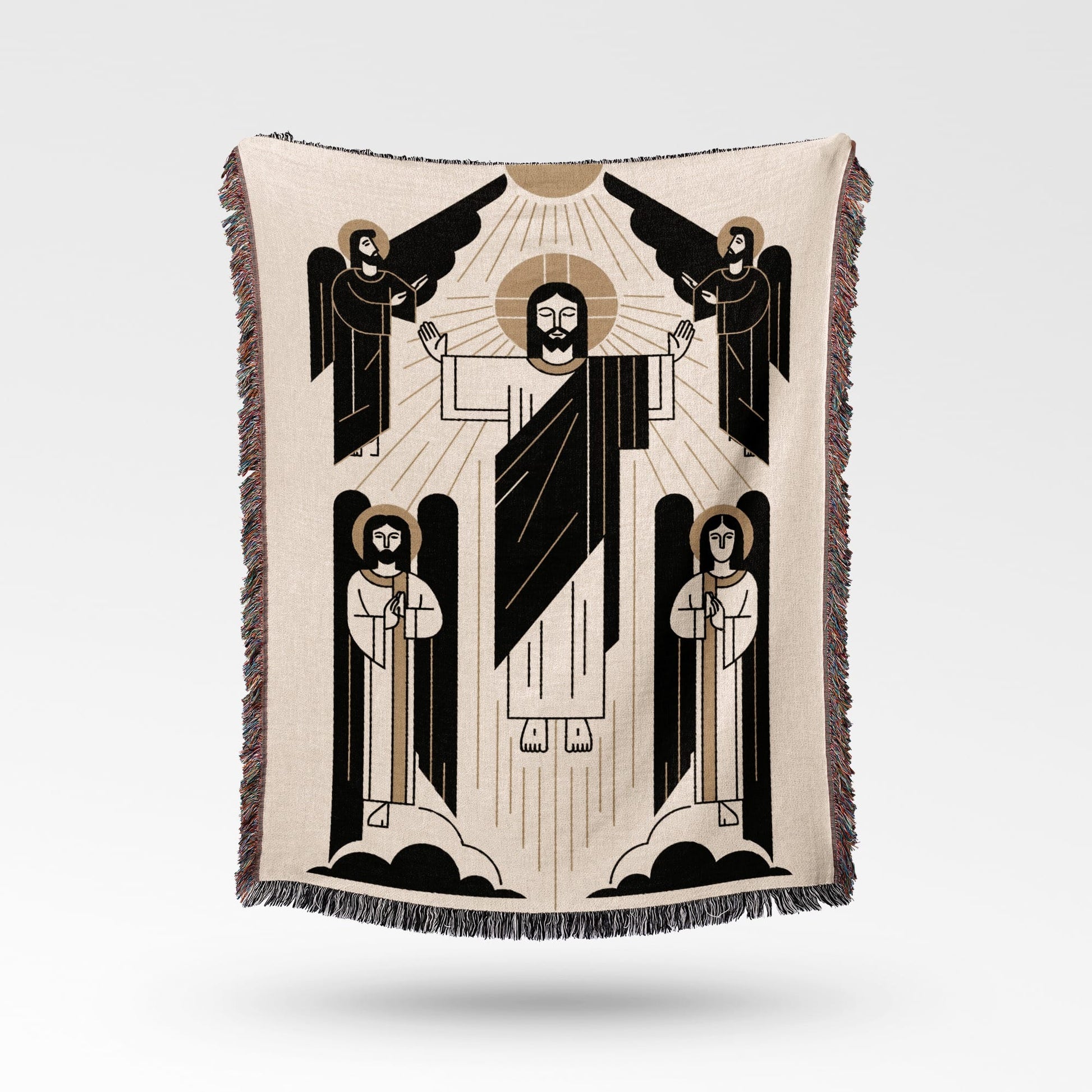Jesus with outstretched arms flanked by angels, against a neutral background.