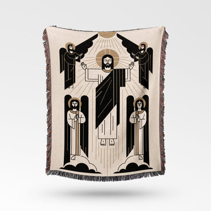 Jesus with outstretched arms flanked by angels, against a neutral background.