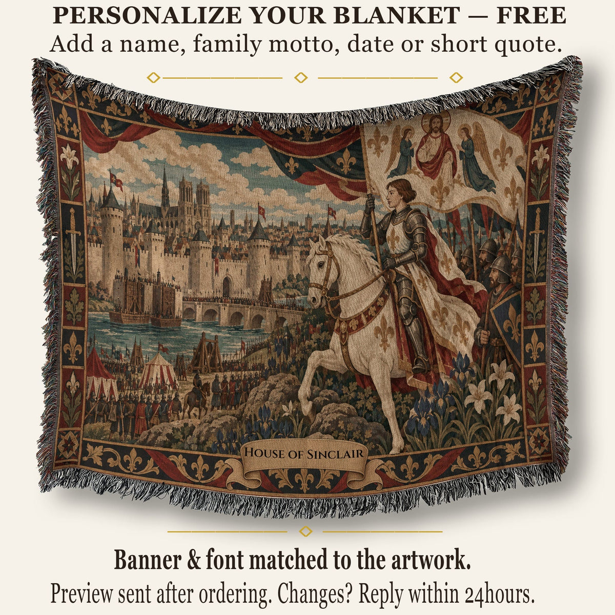 CalmNestStyle Joan of Arc and the Lily Banner jacquard woven blanket