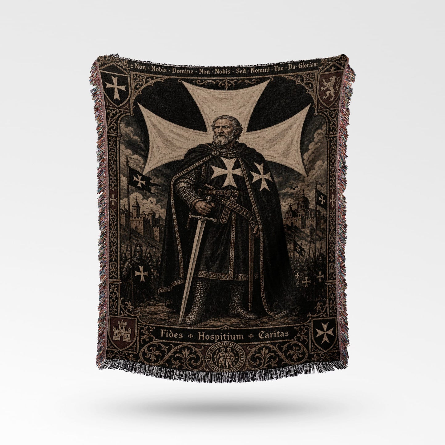 Knights Templar in armor with sword, with Latin text Fides Hospitium Caritas.