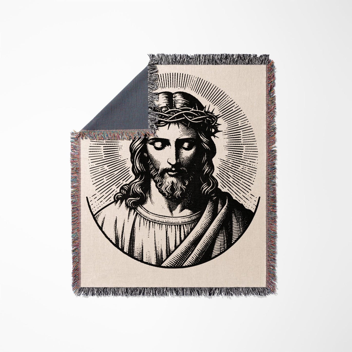 Jesus Christ with crown of thorns on a woven blanket.