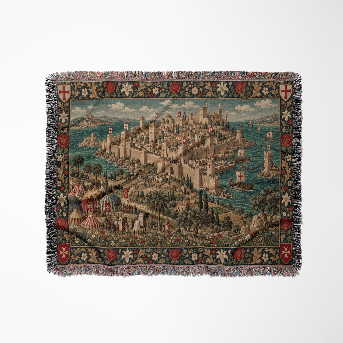CalmNestStyle Harbor Fortress I Rose and Lily Border jacquard woven blanket