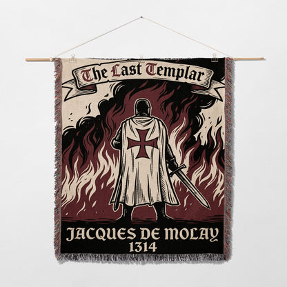 Templar knight standing in flames with sword, text "The Last Templar Jacques de Molay 1314".