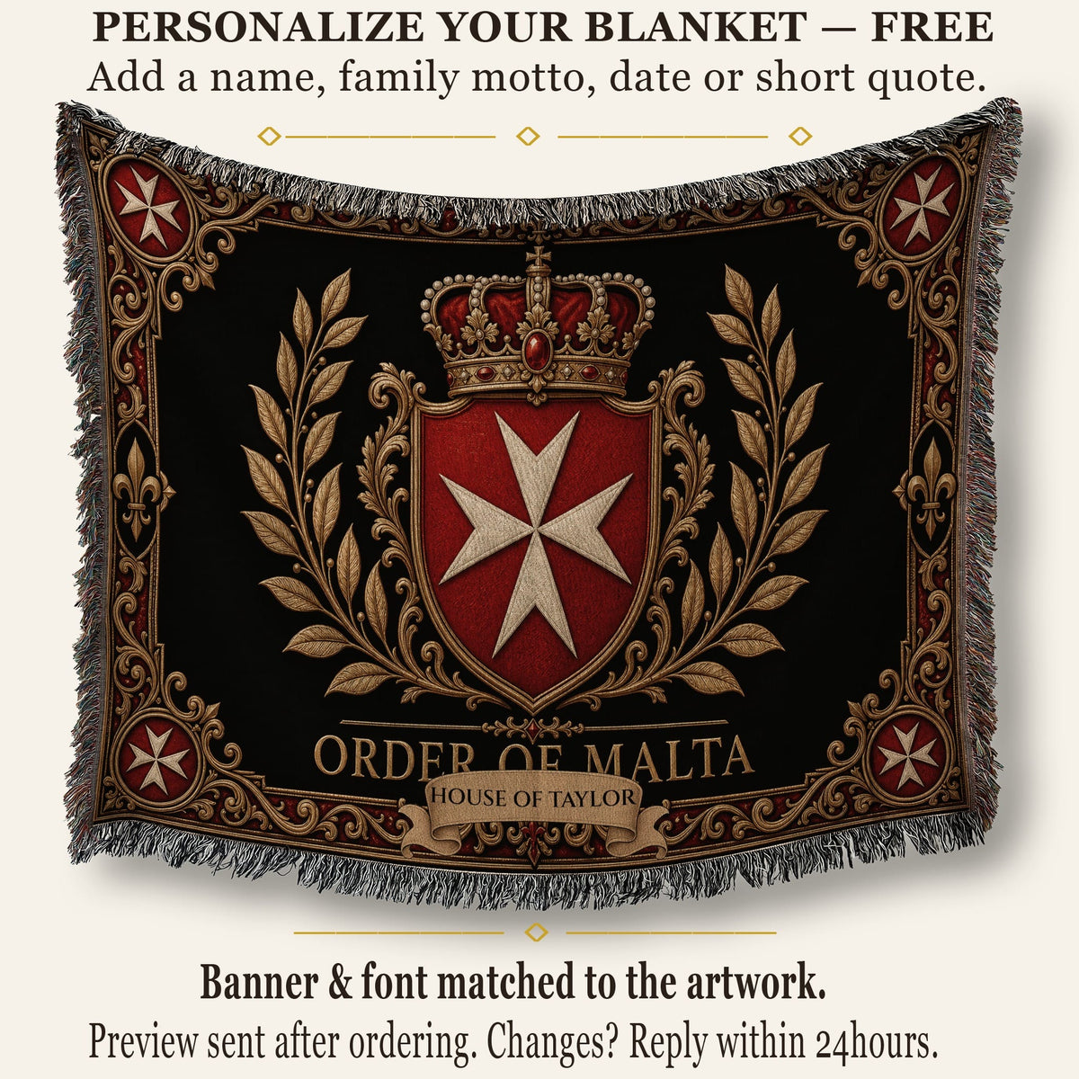 CalmNestStyle Order of Malta Crown and Gold Laurel Woven Blanket jacquard woven blanket