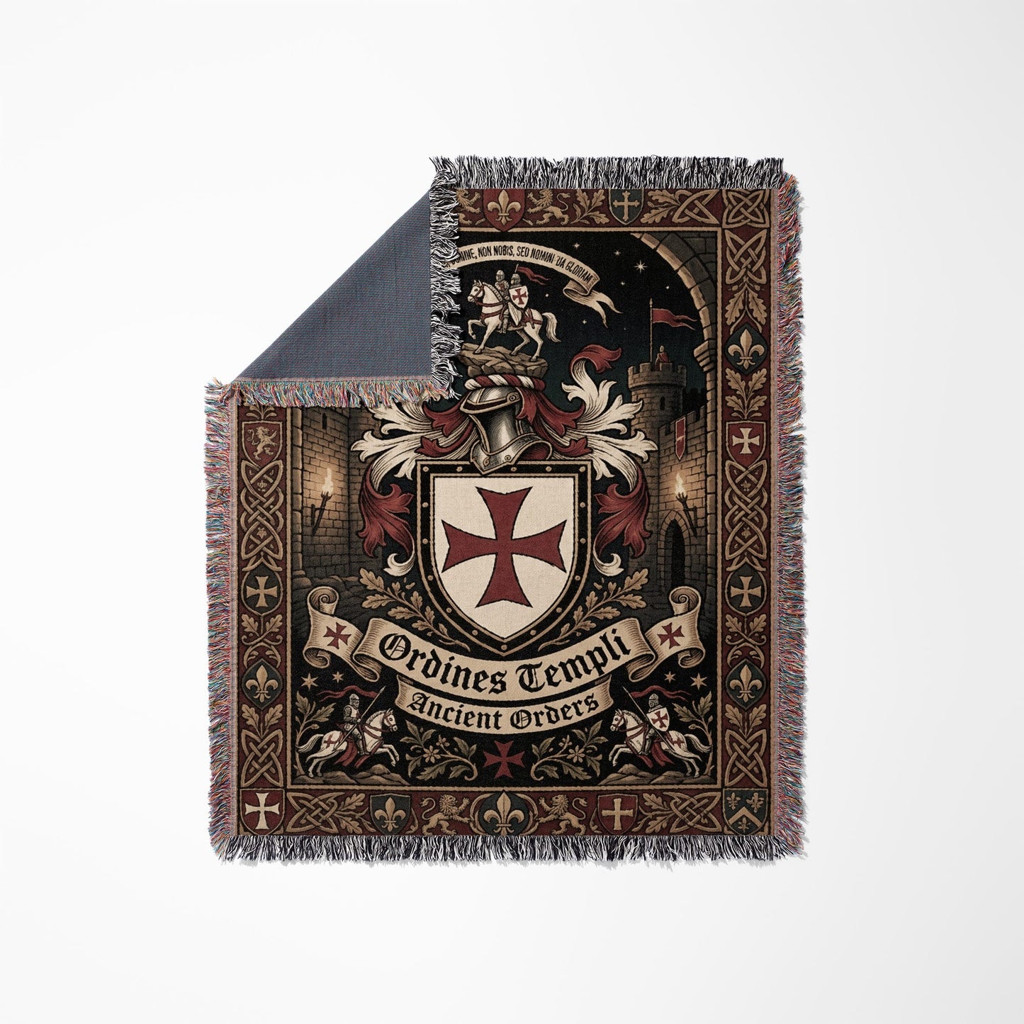 Woven blanket featuring Knights Templar crest, knights on horseback, castle, and Latin inscription.