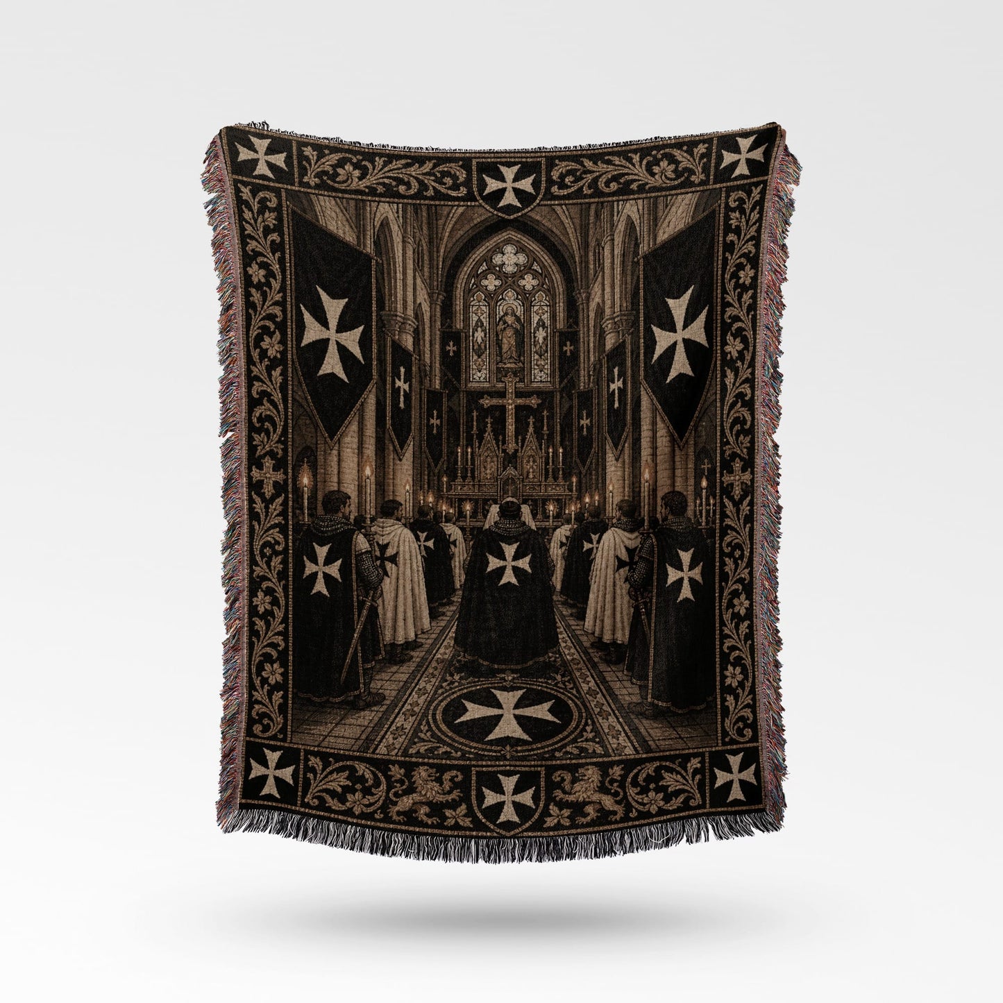 Tapestry with Templar Knights in a cathedral.
