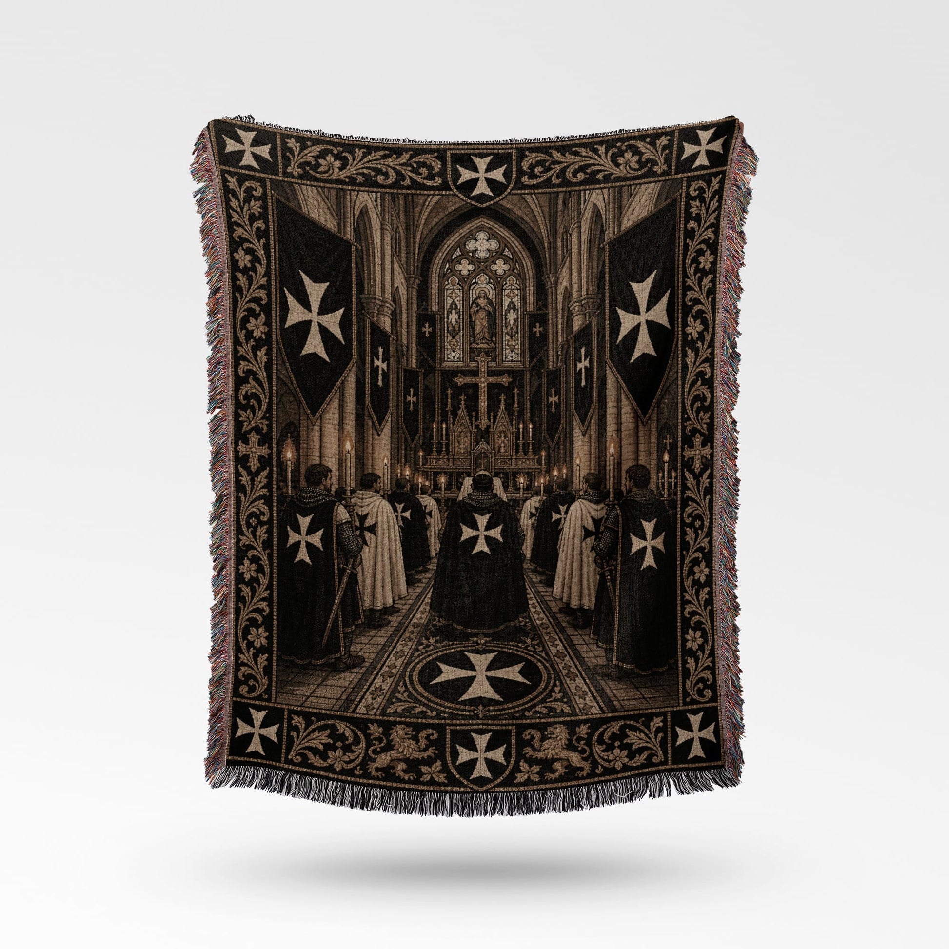 Tapestry with Templar Knights in a cathedral.
