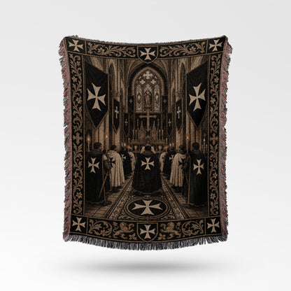 Tapestry with Templar Knights in a cathedral.