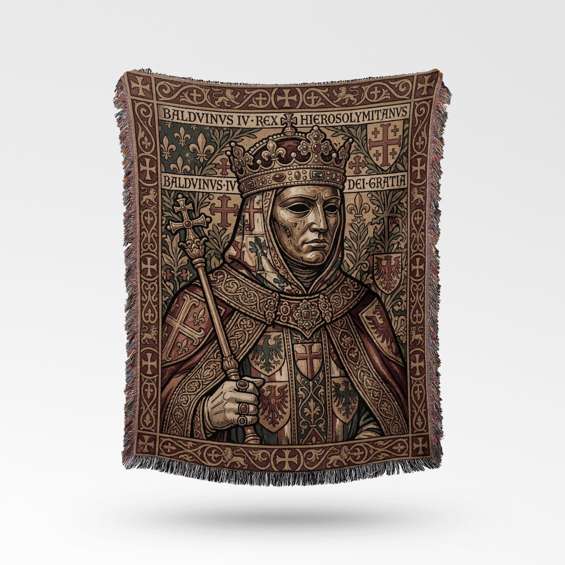 Tapestry depicting King Baldwin IV of Jerusalem wearing a crown and holding a scepter.