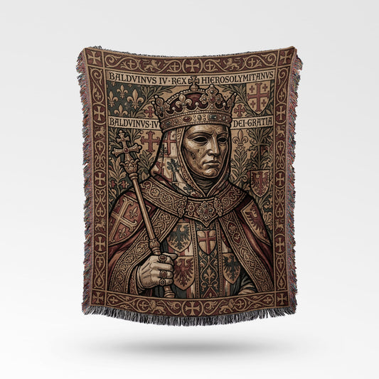 Tapestry depicting King Baldwin IV of Jerusalem wearing a crown and holding a scepter.