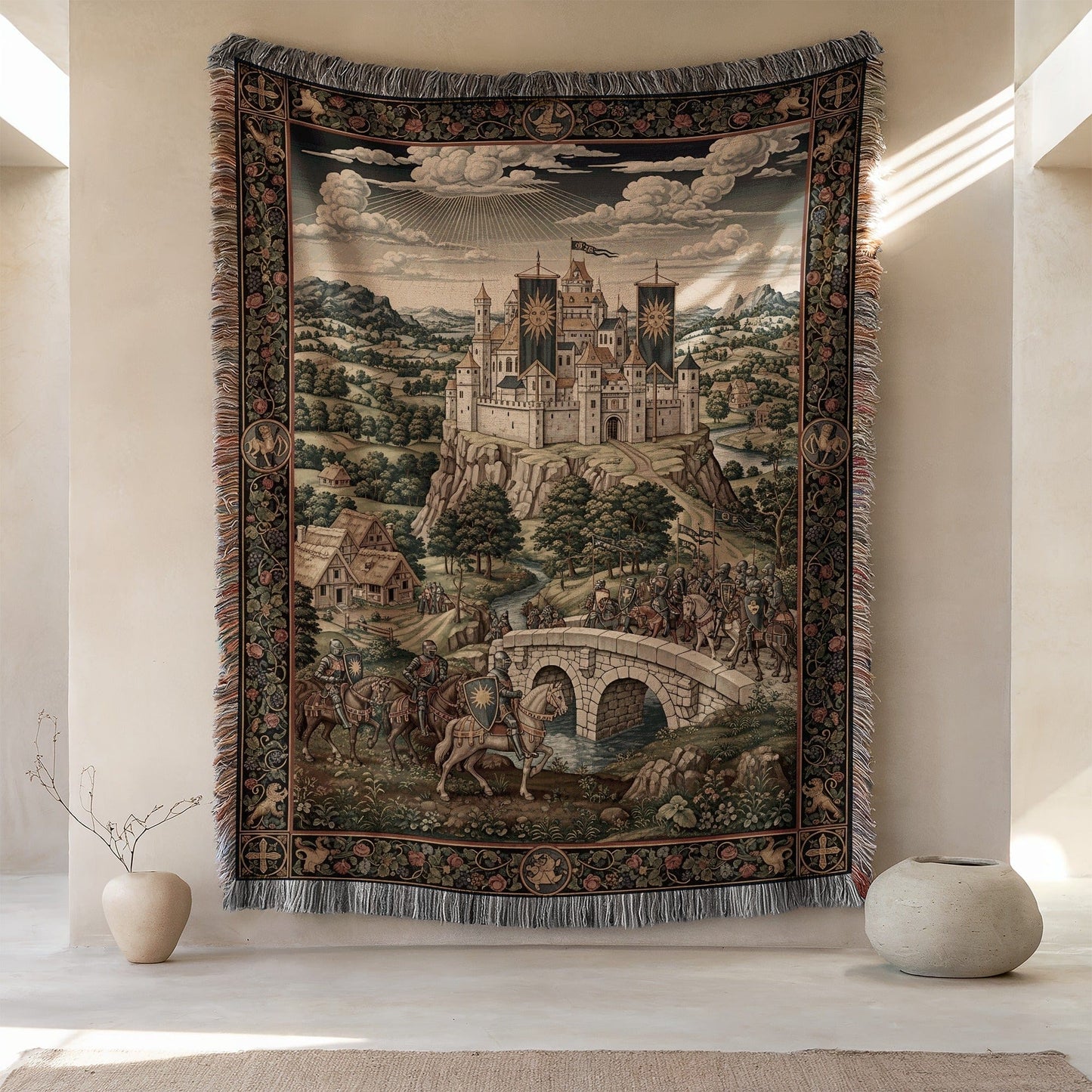 Medieval Castle Tapestry with Knights and Horses