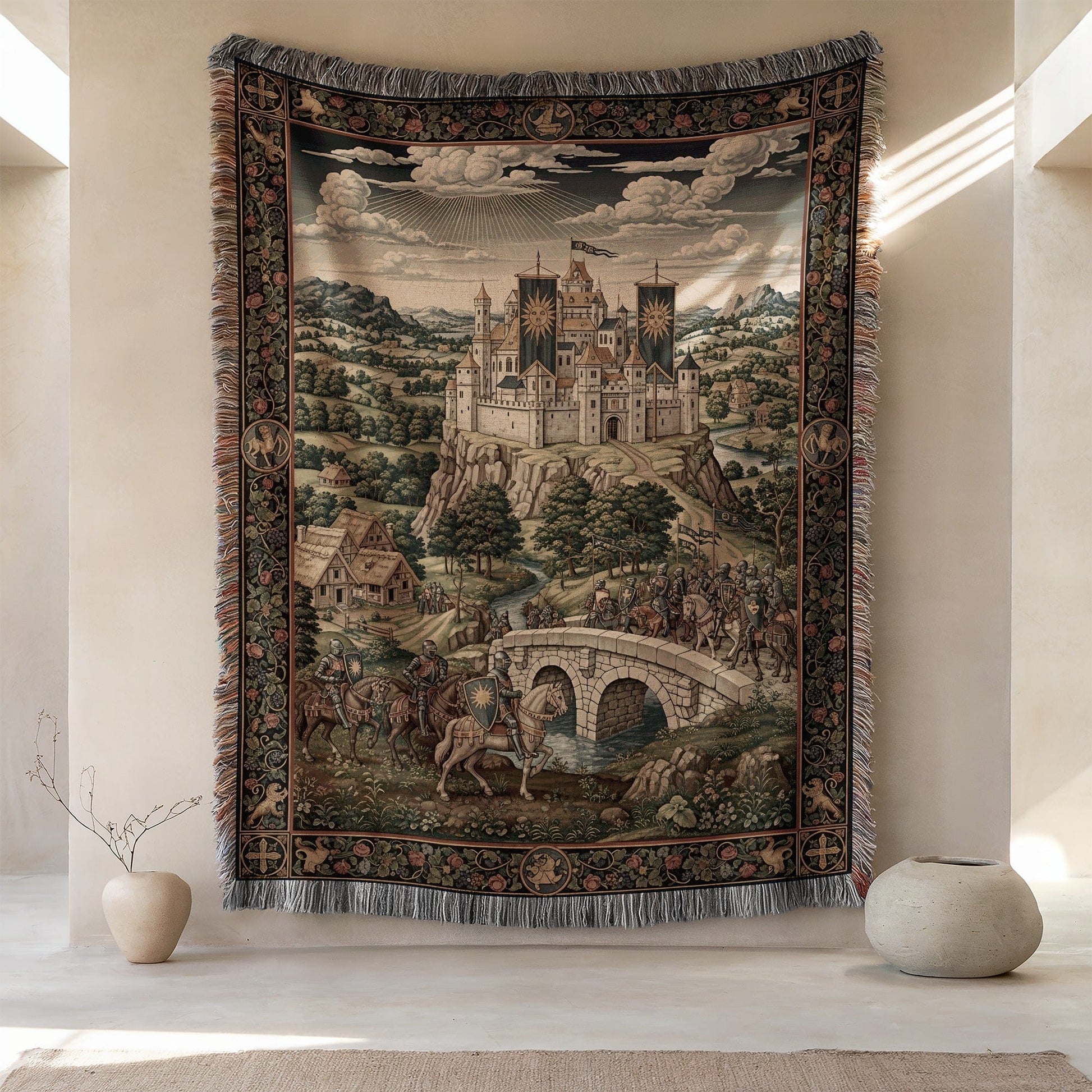 Medieval Castle Tapestry with Knights and Horses
