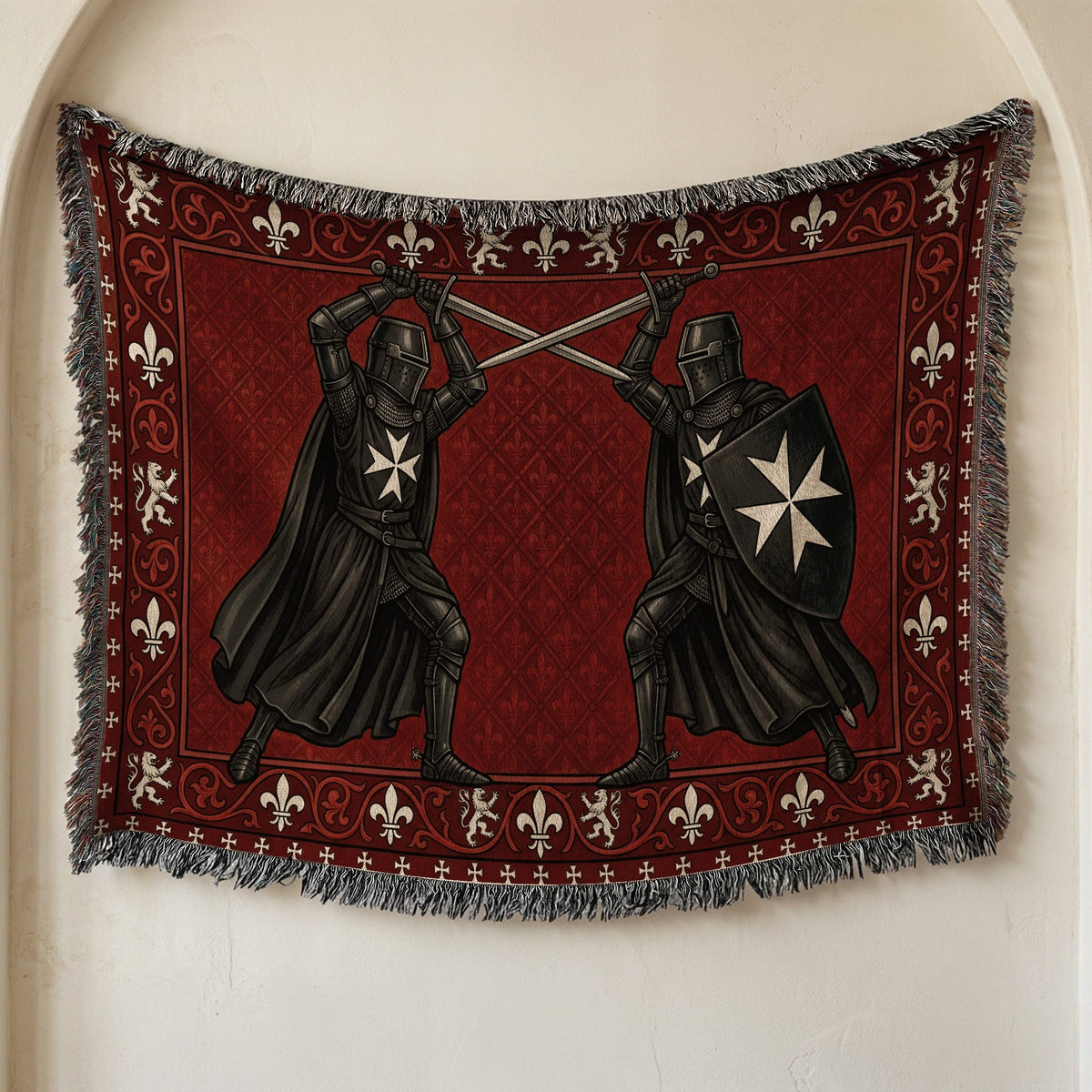 CalmNestStyle Black Knights Sword Duel on Red Damask Woven Blanket jacquard woven blanket
