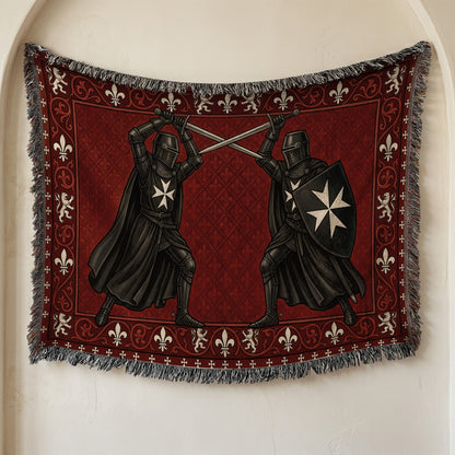 CalmNestStyle Black Knights Sword Duel on Red Damask Woven Blanket jacquard woven blanket