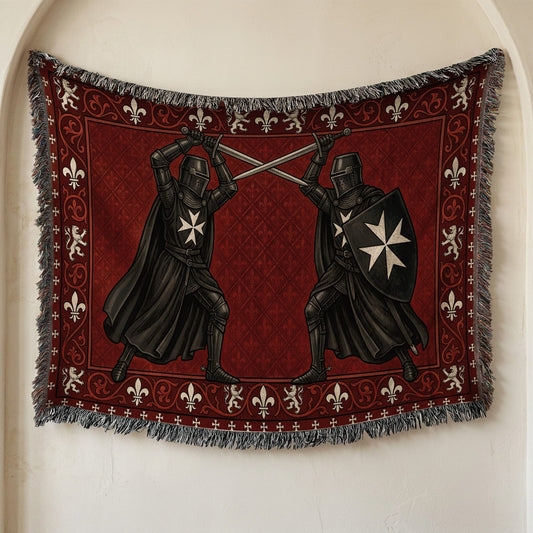 CalmNestStyle Black Knights Sword Duel on Red Damask Woven Blanket jacquard woven blanket