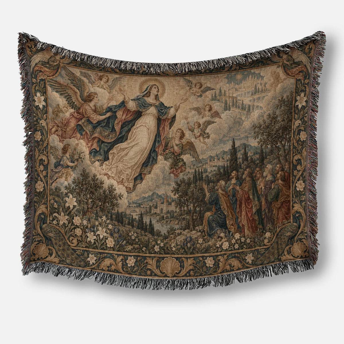 A woven tapestry throw blanket depicting the Assumption of the Virgin Mary with angels and onlookers below.