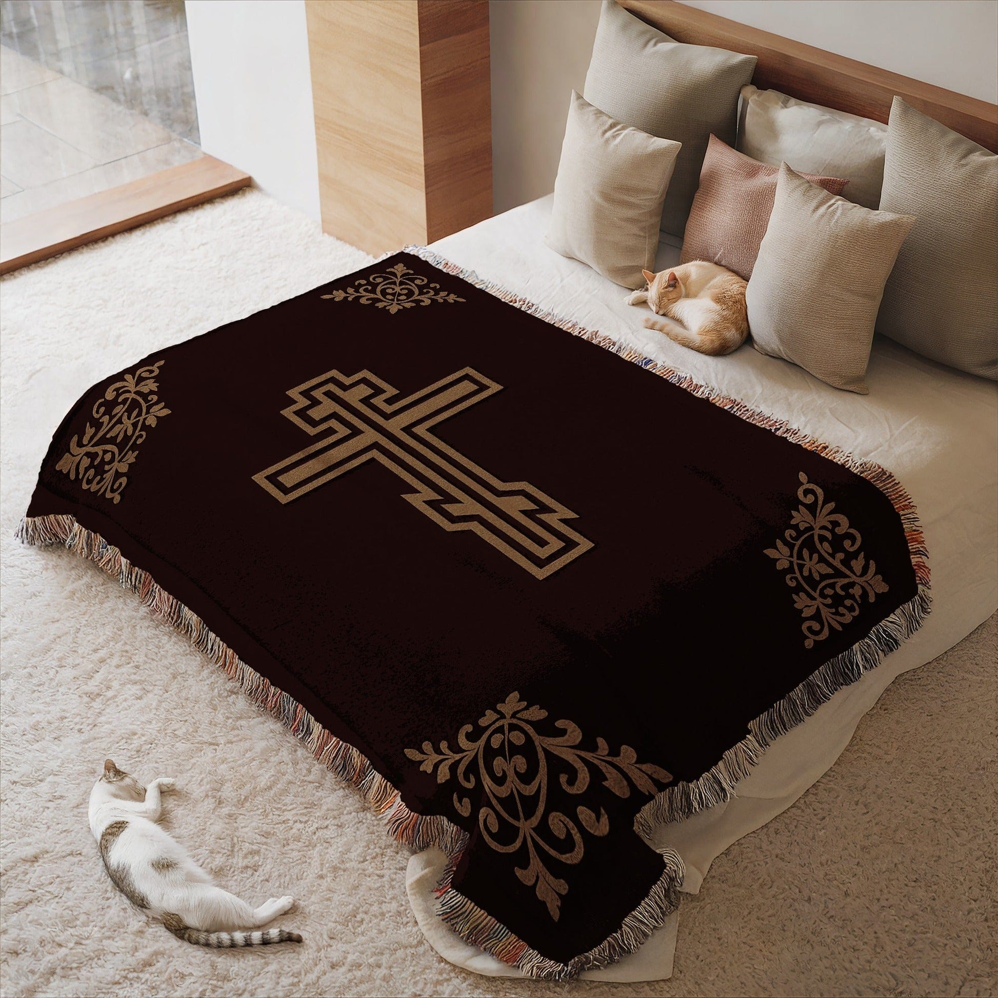 Brown and Beige Cross Design Home Decor Blanket