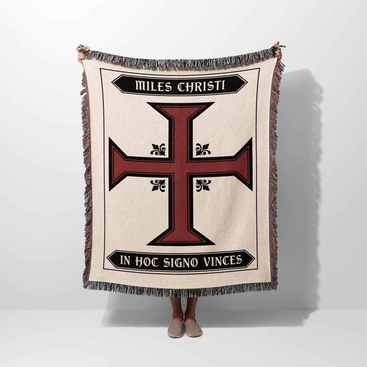 Maltese cross blanket with "MILES CHRISTI" and "IN HOC SIGNO VINCES" text.
