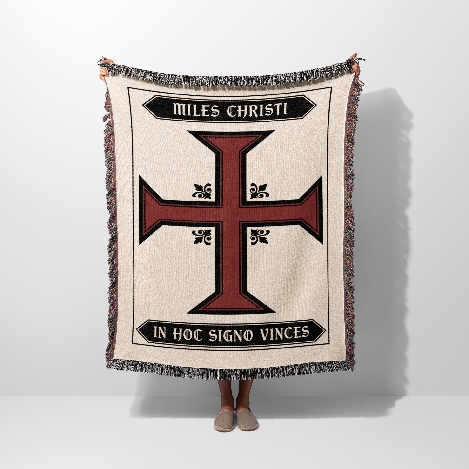 Maltese cross blanket with "MILES CHRISTI" and "IN HOC SIGNO VINCES" text.